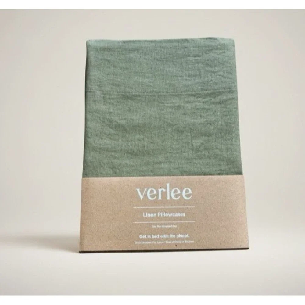 TUFT & NEEDLE 100% Linen European Flax 2 Standard Pillowcases Green Moss New